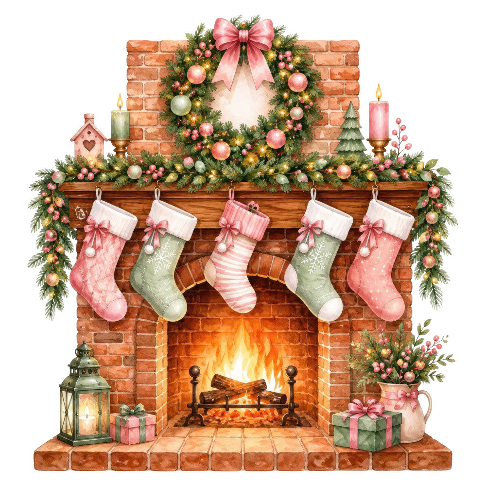 christmas, holiday, fireplace, wreath, stockings, festive, coral pink, dusty rose, sage green, cream, gold accents, traditional, elegant, rustic, whimsical, ornaments, candles, decorative, seasonal, winter, cozy, fireplace mantel, gifts, presents, lantern, botanical, evergreen, ribbon bows, pearls, festive decor