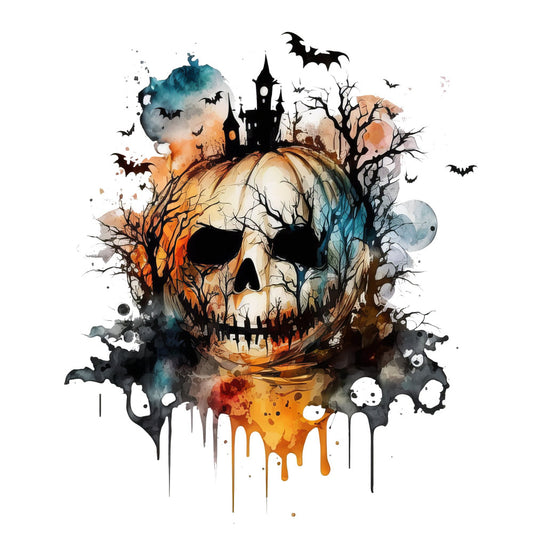 halloween, skull, haunted house, bats, spooky, watercolor, abstract, orange, black, blue, teal, autumn, fall, gothic, dark academia, whimsical, modern, dramatic, celestial, moon, dead trees, bare branches, ghosts, dripping paint, ink splatter, costume, trick or treat, horror, creepy, eerie
