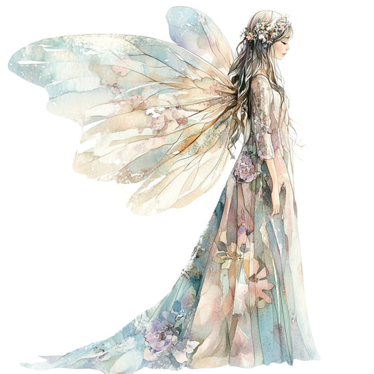 fairy, wings, fantasy, whimsical, ethereal, watercolor, floral, soft pastels, dusty blue, sage green, blush pink, cream, taupe, botanical, flowers, nature, elegant, romantic, dreamy, illustration, figure, maiden, goddess, layered skirt, flowing, delicate, spring, fantasy art, magical, celestial