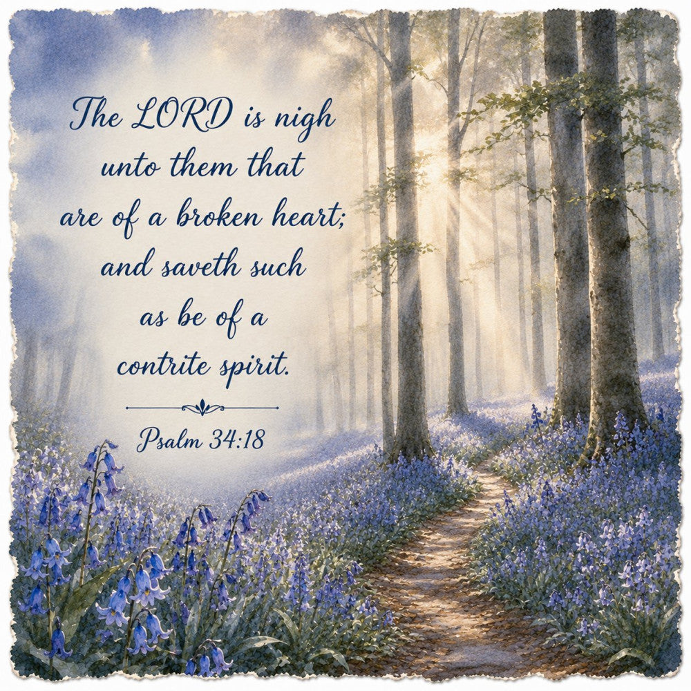 forest path, woodland, bluebells, purple flowers, lavender, spiritual, inspirational, psalm verse, religious, faith, healing, nature scene, trees, forest floor, misty, ethereal, romantic, peaceful, calming, spring flowers, wildflowers, soft colors, cream, sage green, dusty blue, gentle, elegant, whimsical, literary, contemplative