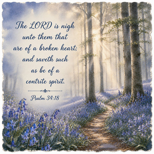 forest path, woodland, bluebells, purple flowers, lavender, spiritual, inspirational, psalm verse, religious, faith, healing, nature scene, trees, forest floor, misty, ethereal, romantic, peaceful, calming, spring flowers, wildflowers, soft colors, cream, sage green, dusty blue, gentle, elegant, whimsical, literary, contemplative