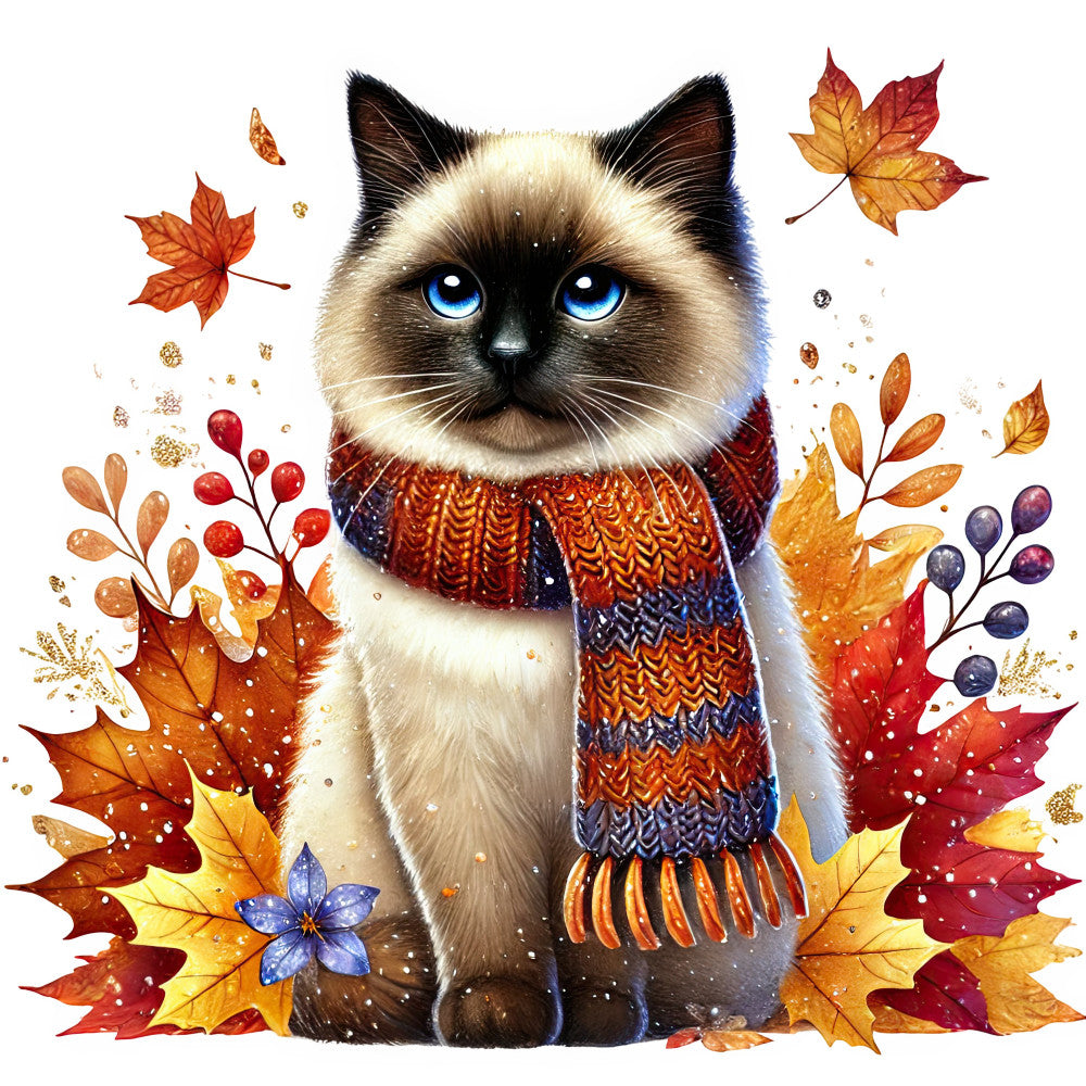 autumn cat, siamese cat, blue eyes, fall leaves, maple leaves, cozy scarf, knit scarf, cream and black, burnt orange, deep red, golden yellow, navy blue, whimsical, cat lover, autumn theme, fall decorative, nature motifs, animals, cat panel, seasonal decor, harvest colors, warm tones, woodland creatures, cute cat, striped scarf, berries, wall hanging, home decor, autumnal, festive
