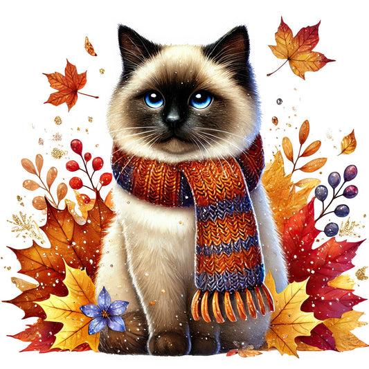 autumn cat, siamese cat, blue eyes, fall leaves, maple leaves, cozy scarf, knit scarf, cream and black, burnt orange, deep red, golden yellow, navy blue, whimsical, cat lover, autumn theme, fall decorative, nature motifs, animals, cat panel, seasonal decor, harvest colors, warm tones, woodland creatures, cute cat, striped scarf, berries, wall hanging, home decor, autumnal, festive