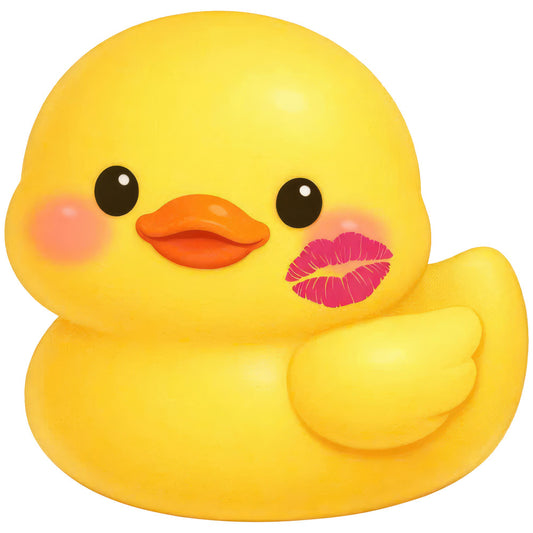 bright yellow, golden yellow, orange beak, magenta lips, pink blush, cute duck, whimsical, playful, animal motif, baby, nursery, children's, kawaii style, charming expression, spring, summer, cheerful, fun design, decorative panel, wall hanging, baby quilt, kids fabric, character print, sweet animals, adorable creatures, nature inspired, playful style