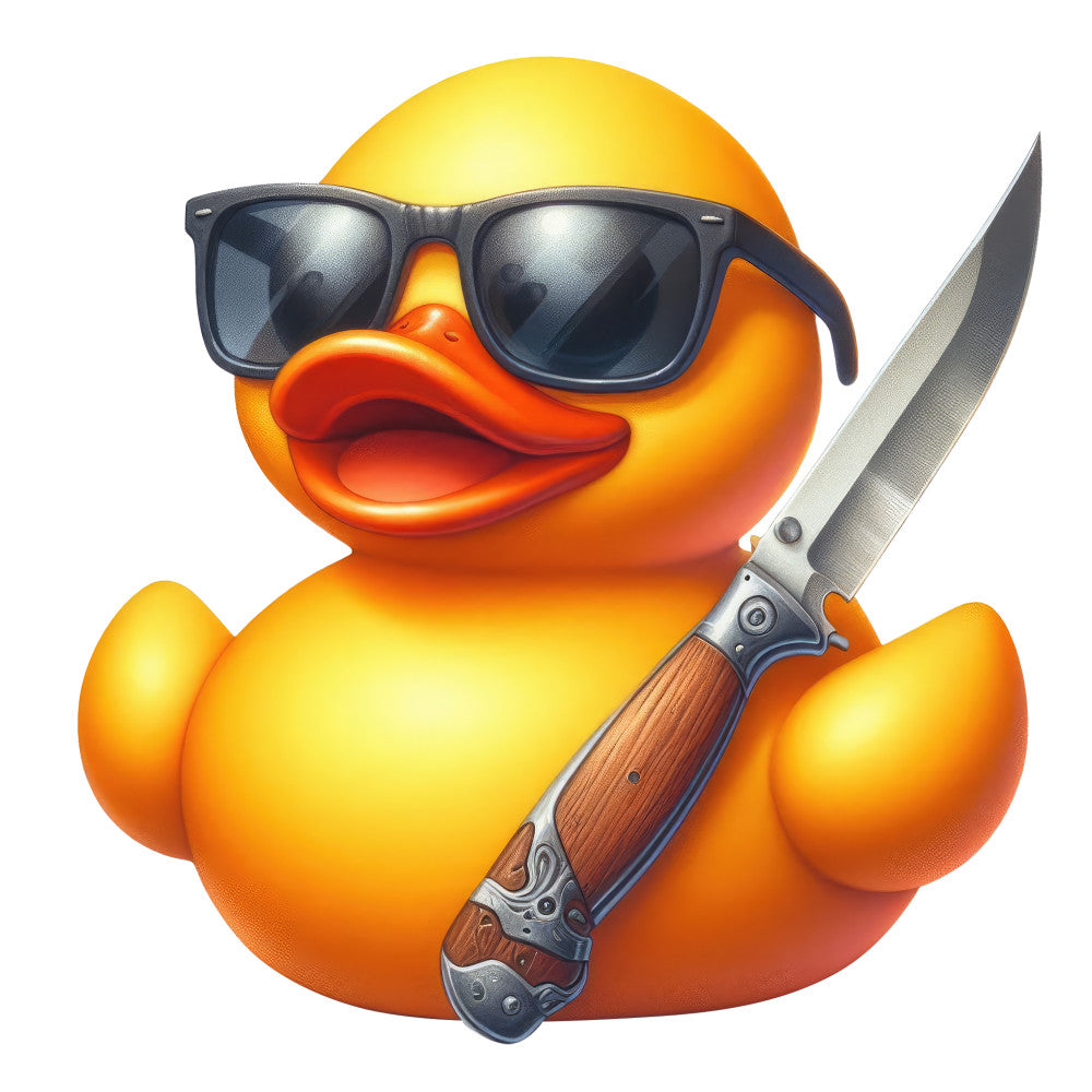 yellow duck, orange duck, sunglasses, knife, summer, whimsical, playful, novelty, animals, birds, cool duck, sunglasses motif, knife design, bright yellow, vibrant orange, humorous, funny, quirky, cute characters, character design, children's fabric, fun print, pop culture, retro, vintage style, statement print, bold colors, illustrative, cartoon style, adventurous theme
