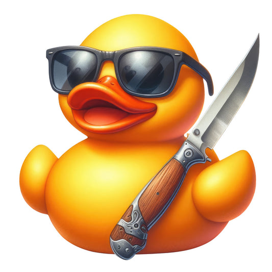 yellow duck, orange duck, sunglasses, knife, summer, whimsical, playful, novelty, animals, birds, cool duck, sunglasses motif, knife design, bright yellow, vibrant orange, humorous, funny, quirky, cute characters, character design, children's fabric, fun print, pop culture, retro, vintage style, statement print, bold colors, illustrative, cartoon style, adventurous theme