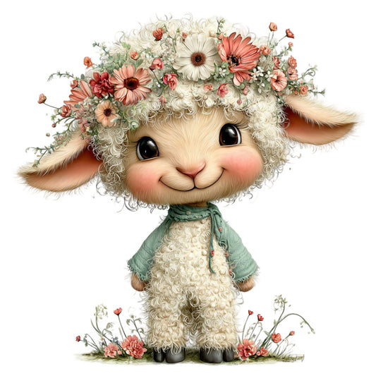 cute lamb, sheep, floral, flowers, gerbera daisy, coral pink, cream, sage green, pastel colors, whimsical, charming, animal character, spring, nature, botanical, vintage style, children's, baby, nursery, sweet, friendly face, smiling animal, flowers in hair, flower crown, farmhouse, countryside, cheerful, decorative panel, wall hanging, baby quilt