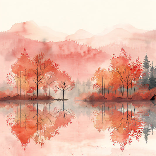 autumn landscape, coral pink, dusty rose, fall colors, forest green, misty mountains, nature scene, peach, red-orange, reflection, sage green, watercolor, woodland, blush pink, contemplative, elegant, impressionistic, lakeside, landscape painting, muted tones, peaceful, serene, soft focus, trees, tranquil, wistful, autumn, fall foliage, scenic backdrop, soft watercolor aesthetic