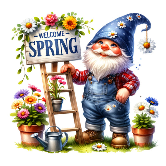 spring gnome, garden gnome, blue hat, red plaid shirt, denim overalls, white beard, colorful flowers, daisies, potted plants, wooden ladder, welcome sign, watering can, fabric panel, quilting cotton, whimsical illustration, gardening theme, floral motifs, cheerful character, cottage core, seasonal design