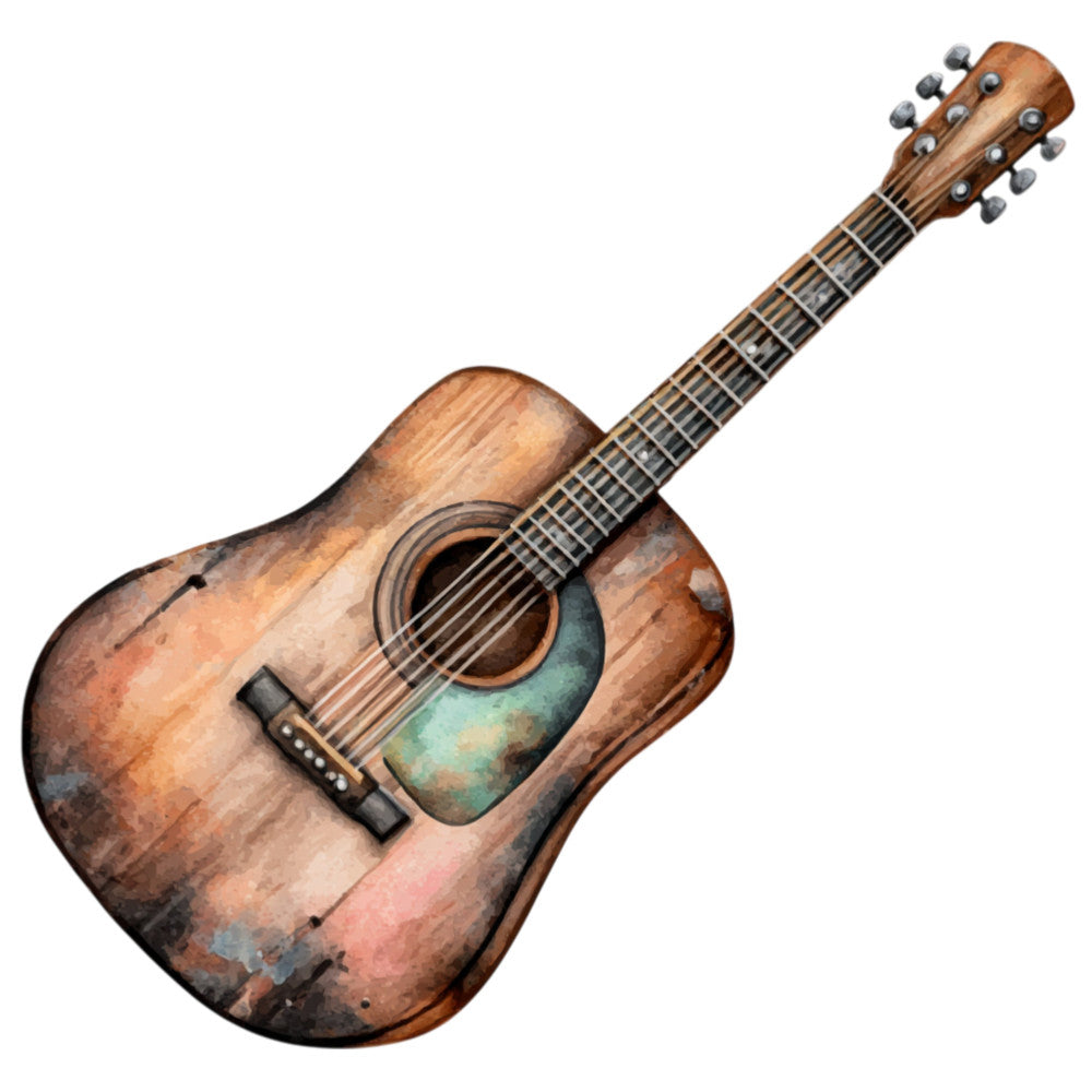 acoustic guitar, vintage guitar, musical instrument, music theme, rustic brown, burnt orange, turquoise blue, sage green, dusty rose, weathered wood, distressed finish, music lover, musician gift, vintage musical, retro instrument, bohemian style, artistic design, music wall art, string instrument, guitar motif, music education, folk music, country music, vintage aesthetic, mixed media art, textured design, music classroom, music studio decor, artistic expression