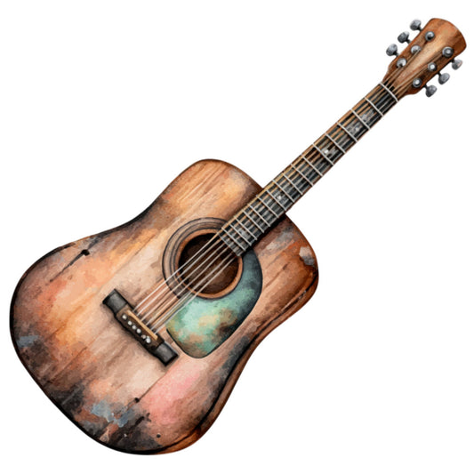 acoustic guitar, vintage guitar, musical instrument, music theme, rustic brown, burnt orange, turquoise blue, sage green, dusty rose, weathered wood, distressed finish, music lover, musician gift, vintage musical, retro instrument, bohemian style, artistic design, music wall art, string instrument, guitar motif, music education, folk music, country music, vintage aesthetic, mixed media art, textured design, music classroom, music studio decor, artistic expression
