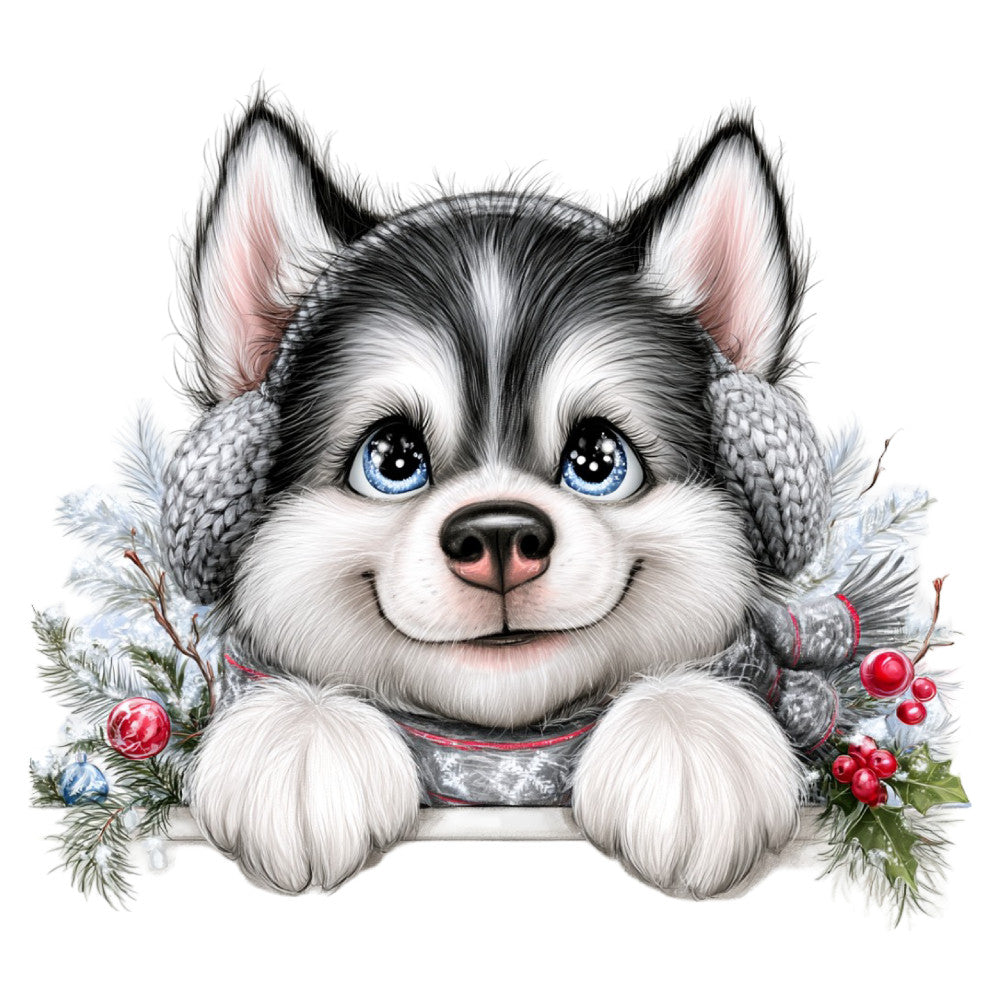 husky, dog, puppy, blue eyes, black and white, gray, white, pink, red, berries, holiday, christmas, winter, festive, cute, whimsical, animal, pet, earmuffs, winter accessories, snow, frost, evergreen, holly, decorative, playful, charming, seasonal, cozy