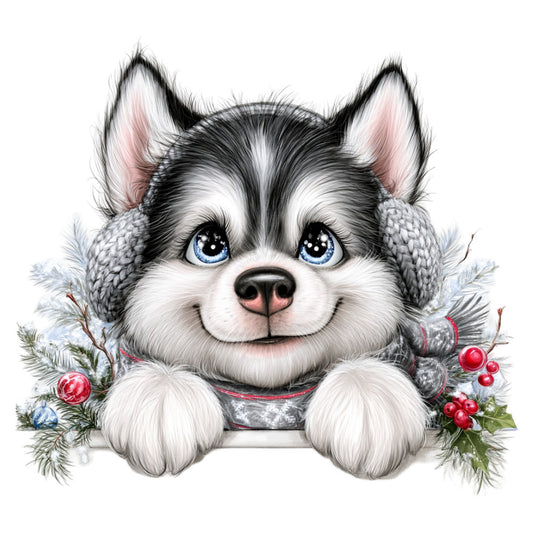 husky, dog, puppy, blue eyes, black and white, gray, white, pink, red, berries, holiday, christmas, winter, festive, cute, whimsical, animal, pet, earmuffs, winter accessories, snow, frost, evergreen, holly, decorative, playful, charming, seasonal, cozy