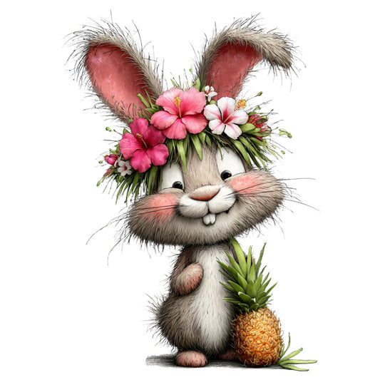 bunny, rabbit, cute animal, whimsical, spring, floral, pink flowers, pineapple, nature, easter, baby, children's, playful, cheerful, feminine, soft colors, cream, white, tan, coral pink, blush pink, green foliage, flower crown, woodland, garden, nursery, decorative panel, illustration, character design, sweet