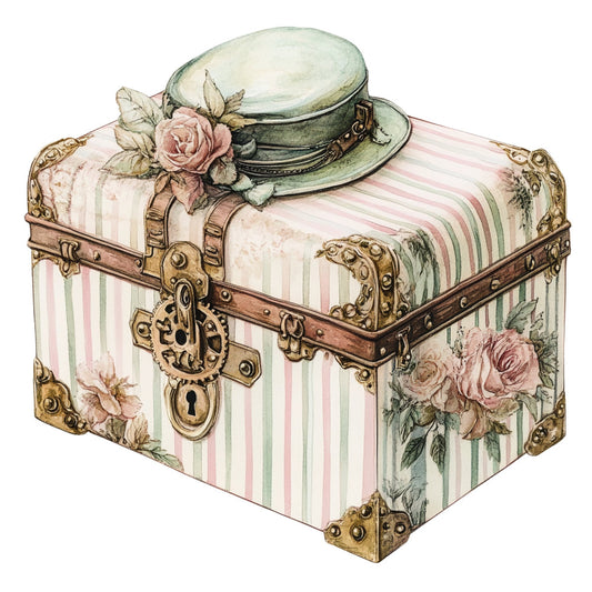 vintage trunk, dusty rose, sage green, cream, striped, floral, roses, steamer trunk, antique, victorian, botanical, elegant, romantic, shabby chic, retro, nostalgic, pink and green, decorative elements, brass hardware, classic, timeless, cottage core, feminine, travel theme, hats, accessories, spring, sentimental, heirloom, traditional