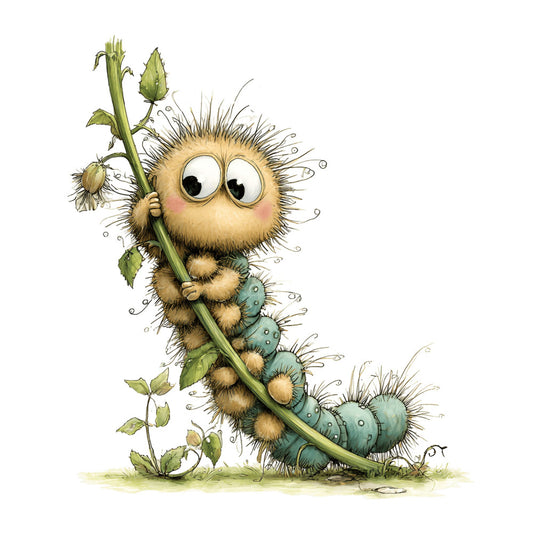 whimsical, caterpillar, cute creature, nature-inspired, garden, green, cream, tan, beige, soft colors, pastel, children's, kids, playful, illustration, storybook, fantasy, animal characters, botanical, leaves, vines, spring, summer, nursery, baby quilt, wall hanging, woodland, charming, quirky, detailed artwork