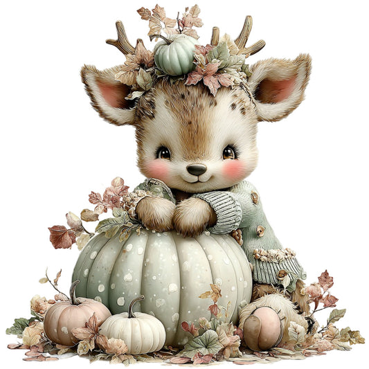cream deer, sage green, dusty rose, autumn, fall, woodland animals, deer with flowers, whimsical, cute animals, pumpkin, harvest, nature, floral, leaves, botanical, rustic, farmhouse, baby quilt, nursery, children's, soft colors, neutral tones, cottage core, vintage style, forest theme, seasonal, thanksgiving, autumn harvest, animal motifs, decorative panel