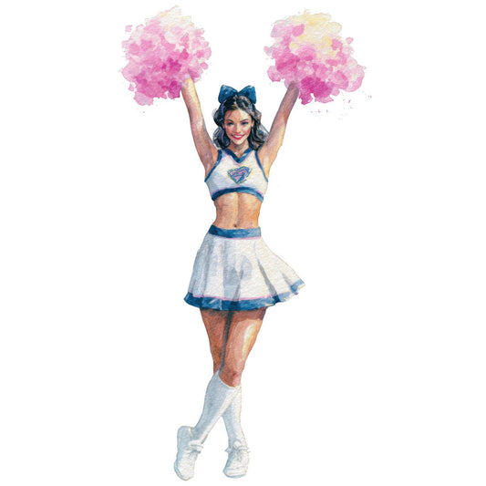 cheerleader, pink pom poms, blue and white, sports, athletic, energetic, whimsical, playful, retro, vintage inspired, heart motif, bow, girl power, dance, performance, fun, colorful, illustration style, character design, novelty, entertainment, pop culture, youth themed, dynamic pose, feminine, bold colors, white knee highs, skirt, crop top
