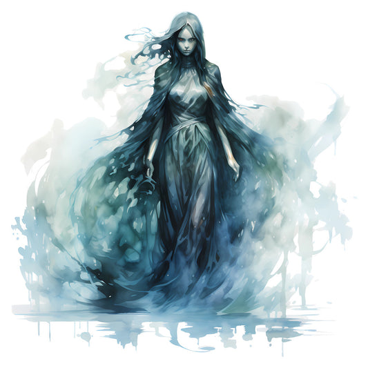 ethereal, mystical, dark teal, slate blue, icy blue, white, silver, watercolor, abstract, flowing, ghostly, spiritual, fantasy, elegant, dramatic, moody, gothic, winter, celestial, supernatural, women, portrait, long hair, flowing robes, mist, smoke, atmospheric, dreamy, enchanted