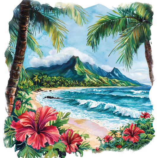 tropical paradise, hawaiian scene, turquoise blue, coral pink, emerald green, sandy beige, hibiscus flowers, palm trees, ocean waves, mountain landscape, beach scene, watercolor style, fabric panel, quilting cotton, island theme, tropical flowers, seascape, lush vegetation, paradise setting, vibrant colors