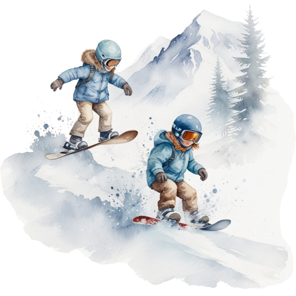 ski resort, snowboarding, winter sports, mountain scene, blue jacket, helmet, goggles, snow spray, evergreen trees, snowy mountain, watercolor style, fabric panel, quilting cotton, winter theme, action scene, powder snow, alpine setting, cold weather gear, outdoor adventure, skiing illustration