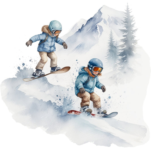 ski resort, snowboarding, winter sports, mountain scene, blue jacket, helmet, goggles, snow spray, evergreen trees, snowy mountain, watercolor style, fabric panel, quilting cotton, winter theme, action scene, powder snow, alpine setting, cold weather gear, outdoor adventure, skiing illustration