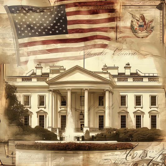 american flag, white house, patriotic, vintage, historical, architectural, sepia tone, cream, beige, tan, dark blue, red, stars, stripes, founding documents, constitution, colonial, americana, traditional, elegant, historic building, government, presidential, national symbols, wall hanging, home decor, heritage, antique style, liberty, united states