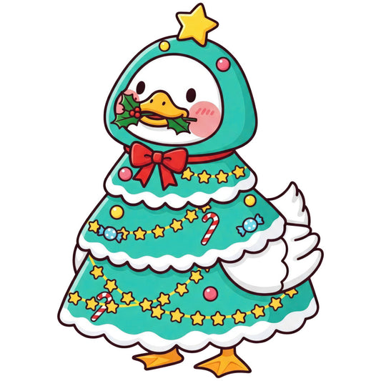 turquoise, white, gold, red, yellow, orange, duck, penguin, christmas, holiday, winter, festive, whimsical, cute, playful, stars, candy canes, holly, bow, ornaments, animal, character, snow, cheerful, children's, kawaii, seasonal, decorative, vibrant, jolly
