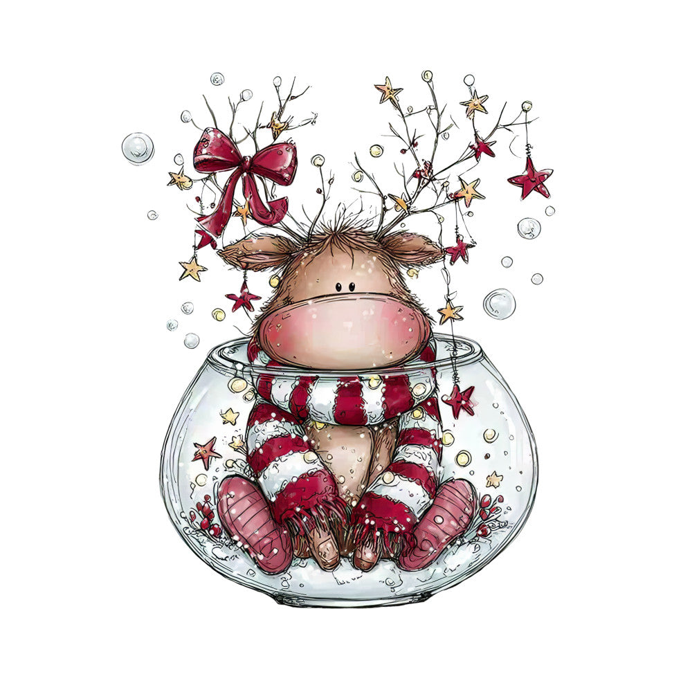 whimsical character, christmas themed, red bow, gold stars, burgundy stars, fishbowl scene, striped stockings, antler decorations, bubble effects, festive illustration, fabric panel, quilting cotton, holiday crafting, cartoon style, playful design, seasonal motif, craft project, sewing panel, christmas colors, decorative fabric