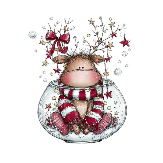 whimsical character, christmas themed, red bow, gold stars, burgundy stars, fishbowl scene, striped stockings, antler decorations, bubble effects, festive illustration, fabric panel, quilting cotton, holiday crafting, cartoon style, playful design, seasonal motif, craft project, sewing panel, christmas colors, decorative fabric