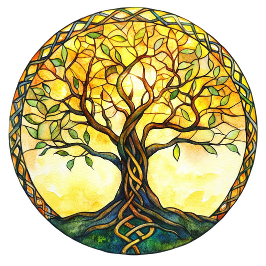 tree of life, stained glass, golden yellow, autumn gold, forest green, deep brown, teal blue, nature themed, celtic knot, branches, leaves, spiritual, bohemian, whimsical, elegant, fall colors, warm tones, tree motif, circular design, mandala style, medallion panel, rustic, traditional, natural elements, harvest theme, woodland, earthy tones, home decor, wall hanging