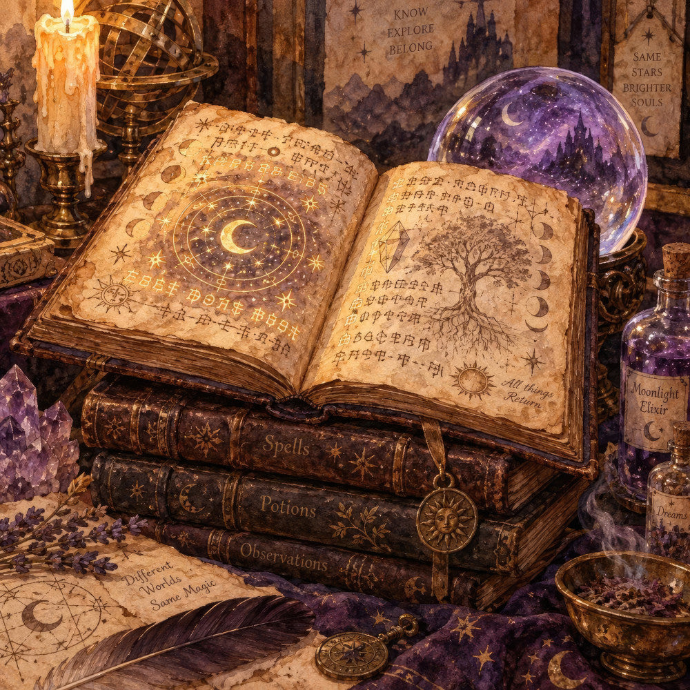 celestial, astronomy, witchy, magical, mystical, vintage books, spell books, moon phases, stars, purple, gold, cream, aged parchment, occult, fantasy, whimsical, gothic, dark academia, enchanted, spell grimoire, library, arcane, celestial bodies, constellation, moon, crescent moon, potion bottles, brass accents, antique, steampunk
