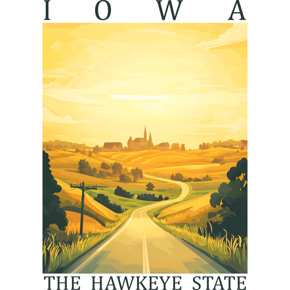 golden yellow, amber, warm orange, rolling hills, country road, rural landscape, farmland, church spires, telephone poles, winding path, pastoral scene, iowa countryside, vintage poster style, fabric panel, quilting cotton, nostalgic artwork, agricultural fields, small town, sunset glow, retro illustration