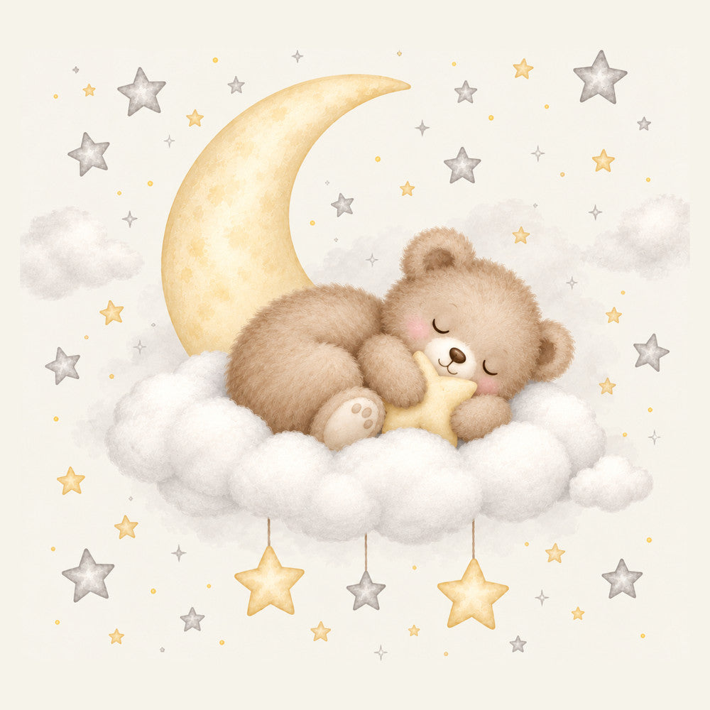 cream, pale yellow, soft brown, tan, gray, gold, celestial, stars, moon, clouds, teddy bear, sleeping bear, whimsical, nursery, baby, dreamy, gentle, soft, soothing, bedtime, lullaby, starry night, cute animals, children's, sweet, peaceful, night sky, hanging stars, cloud motif