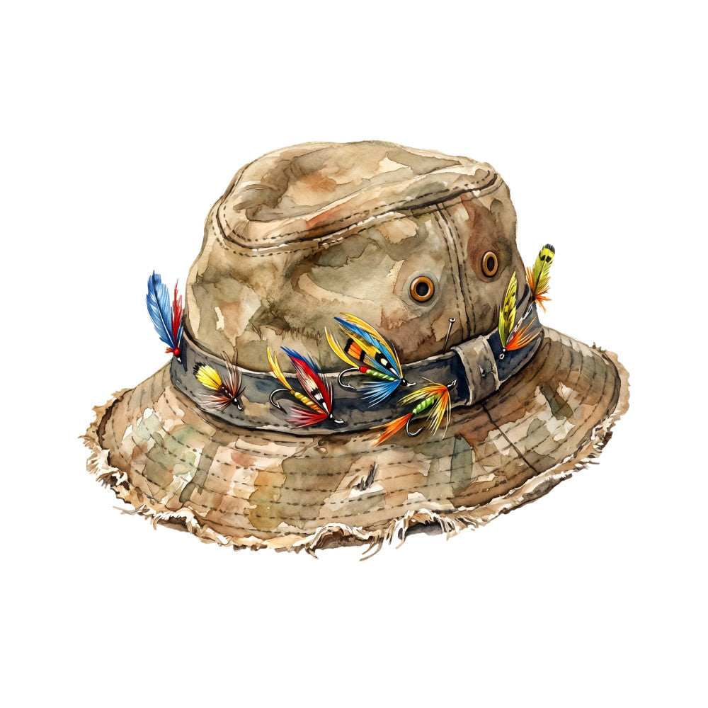 fishing hat, fly fishing, fishing lures, fishing flies, fish hooks, tan, beige, cream, brown, rust, orange, yellow, blue, red, nature, outdoor, rustic, whimsical, vintage, sportsman, fishing theme, boating, wildlife, adventure, masculine, lodge style, cabin decor, traditional, novelty print, decorative