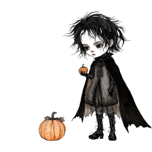 black, orange, pumpkin, gothic, halloween, autumn, fall, spooky, dark, whimsical, fantasy, character, doll, cape, bat wings, pumpkins, children's, kids, illustration, artistic, detailed, vintage gothic, moody, seasonal, trick or treat, costume, festive, dark fantasy