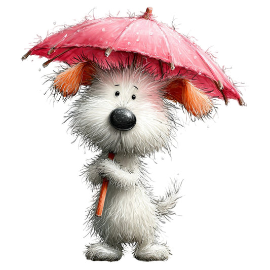 cute dog, fluffy puppy, white dog, coral pink umbrella, pink umbrella, rainy day, whimsical animals, children's illustration, adorable pets, dog with umbrella, orange ears, floppy ears, playful style, heartwarming, sweet character, raindrop details, weather themed, springtime, rainy season, cottage core, storybook illustration, cartoon dog, expressive eyes, gentle style, nursery decor, baby animals, cheerful design, decorative panel, wall art fabric, character fabric