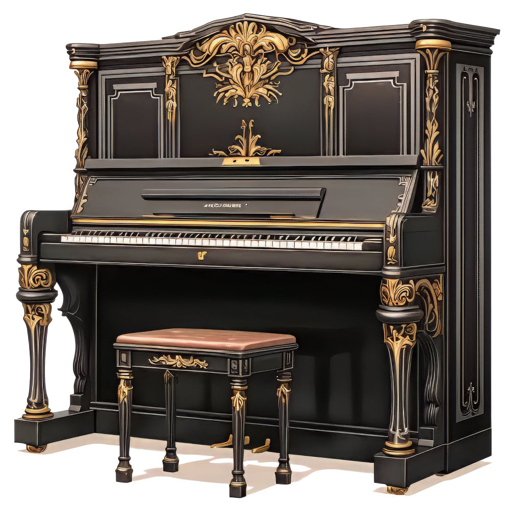 black, gold, ornate, elegant, classical, victorian, piano, musical instrument, baroque, decorative, acanthus leaves, scrollwork, filigree, vintage, traditional, luxury, sophisticated, antique, grandiose, architectural, baroque ornamentation, music theme, performance, concert hall, timeless, formal, opulent