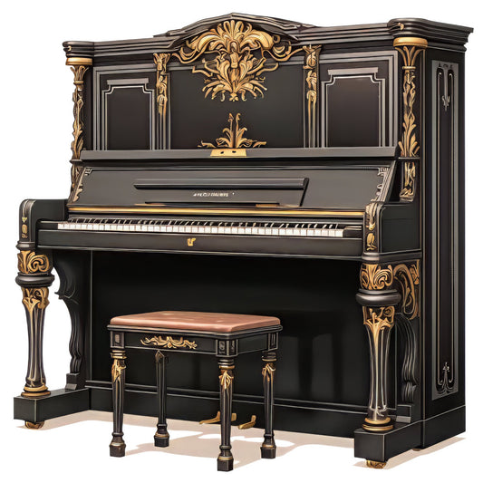 black, gold, ornate, elegant, classical, victorian, piano, musical instrument, baroque, decorative, acanthus leaves, scrollwork, filigree, vintage, traditional, luxury, sophisticated, antique, grandiose, architectural, baroque ornamentation, music theme, performance, concert hall, timeless, formal, opulent