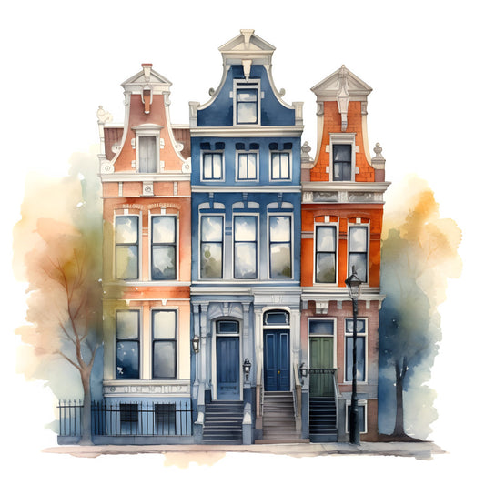 navy blue, coral orange, burnt orange, brick red, cream, beige, watercolor, architectural, buildings, townhouses, urban, vintage, classic, elegant, european, street scene, row houses, facades, doors, windows, historic, traditional, whimsical, illustration, autumn, fall, nostalgic, art deco, heritage