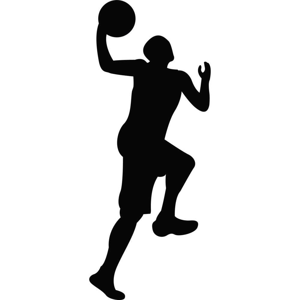 basketball player, sports silhouette, athlete, black silhouette, shooting pose, jumping figure, sports theme, action pose, athletic motif, monochrome, solid black, high contrast, modern, contemporary, sports fan, basketball fan, youth theme, active wear, energy, dynamic, masculine style, gym decor, locker room, sports equipment, ball player, athletic wear, recreation theme