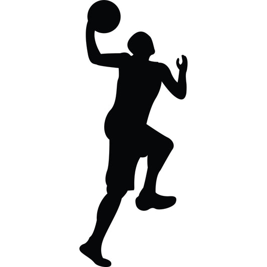 basketball player, sports silhouette, athlete, black silhouette, shooting pose, jumping figure, sports theme, action pose, athletic motif, monochrome, solid black, high contrast, modern, contemporary, sports fan, basketball fan, youth theme, active wear, energy, dynamic, masculine style, gym decor, locker room, sports equipment, ball player, athletic wear, recreation theme