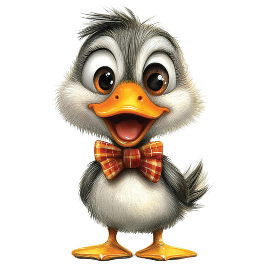whimsical duck, cartoon duckling, orange beak, gray feathers, white chest, plaid bow tie, orange webbed feet, large brown eyes, fluffy texture, adorable character, fabric panel, quilting cotton, children's motif, nursery theme, animal illustration, cute expression, soft colors, playful design, baby duck, charming artwork