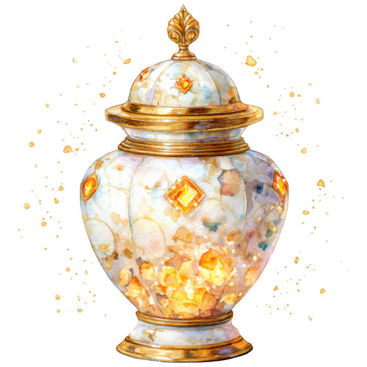 gold, white, orange, yellow, watercolor style, decorative jar, ornate vessel, gemstones, golden accents, floral finial, fabric panel, quilting cotton, warm tones, elegant design, painted effect, artistic illustration, craft project, sewing material, luminous colors, decorative urn