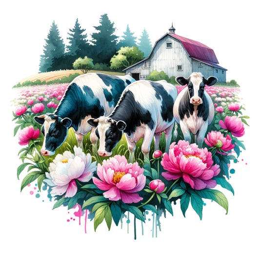 fabric panel, dairy cows, holstein cows, pink peonies, white flowers, watercolor style, farm scene, barn building, evergreen trees, pastoral landscape, black and white cows, floral arrangement, countryside, quilting cotton, soft pastels, magenta blooms, rural farm, grazing cattle, blooming flowers, artistic illustration