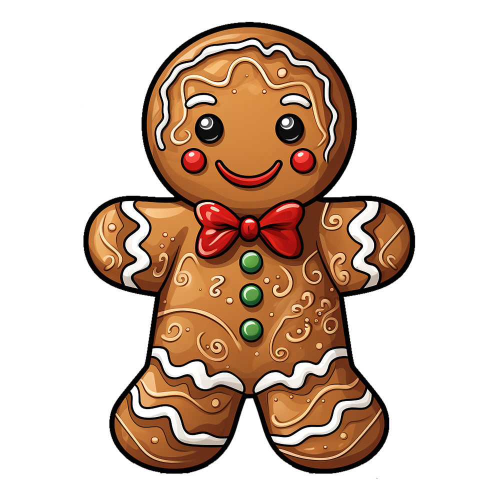 Cute Christmas Gingerbread Man Fabric Panel 6 features a smiling gingerbread cookie with icing and bow tie design on premium quilting cotton.
