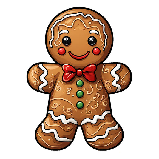 Cute Christmas Gingerbread Man Fabric Panel 6 features a smiling gingerbread cookie with icing and bow tie design on premium quilting cotton.