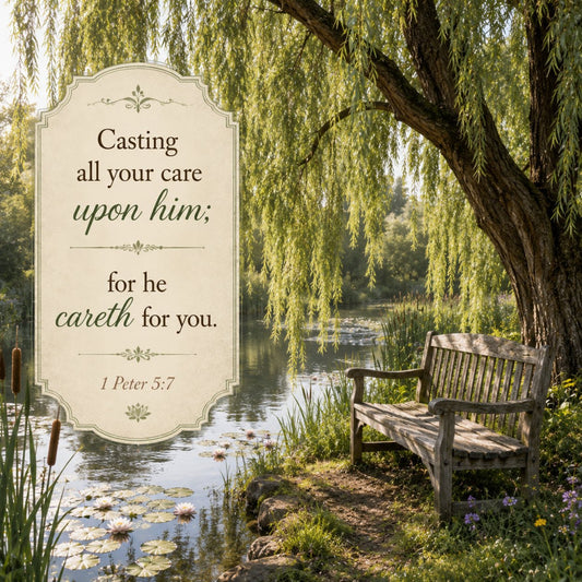 inspirational, scripture verse, 1 peter 5:7, religious, faith-based, peaceful, serene, nature scene, willow tree, garden bench, tranquil water, lily pads, woodland, botanical, earth tones, cream, sage green, soft green, contemplative, spiritual, meditation, verse panel, wall hanging, lap quilt, throw quilt, elegant, traditional, calming, water landscape, botanical design