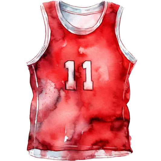 red, crimson, watercolor, abstract, sports, athletic, jersey, number 11, paint splatter, ink wash, modern, contemporary, grunge, textured, artistic, casual wear, tank top, sleeveless, unisex, streetwear, graphic, distressed, bold, vibrant, artistic print, watercolor effect, sporty