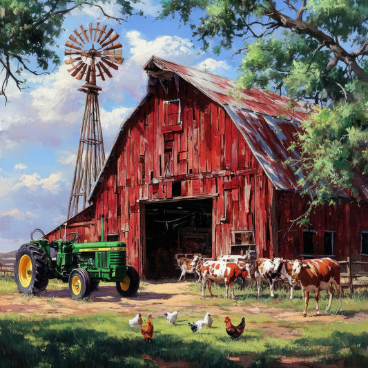 red barn, green tractor, farmhouse, rural, countryside, vintage farm, windmill, cattle, chickens, agricultural, rust red, forest green, golden yellow, sky blue, white clouds, farm animals, barn scene, pastoral, rustic, traditional, americana, western, ranch, livestock, poultry, farm life, country living, nostalgic, wall hanging, home decor